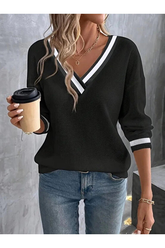 Kadın Uzun Kollu V Yakalı Waffle Bluz