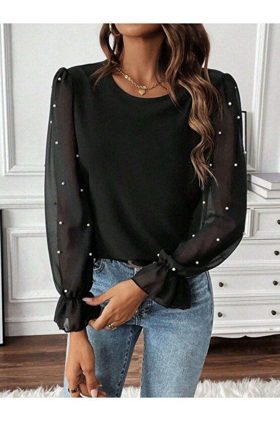 Kadın Uzun Kollu Bisiklet Yaka Tül Detaylı Incili Ithal Krep Bluz
