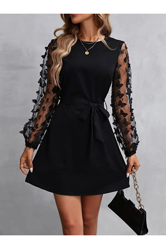 Kadın Uzun Kollu Bisiklet Yaka Kollar Tül Kelebek Detaylı Ithal Krep Elbise