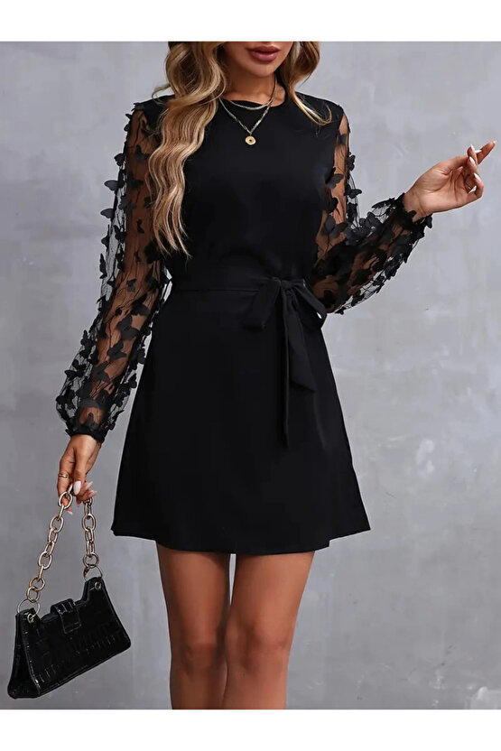 Kadın Uzun Kollu Bisiklet Yaka Kollar Tül Kelebek Detaylı Ithal Krep Elbise