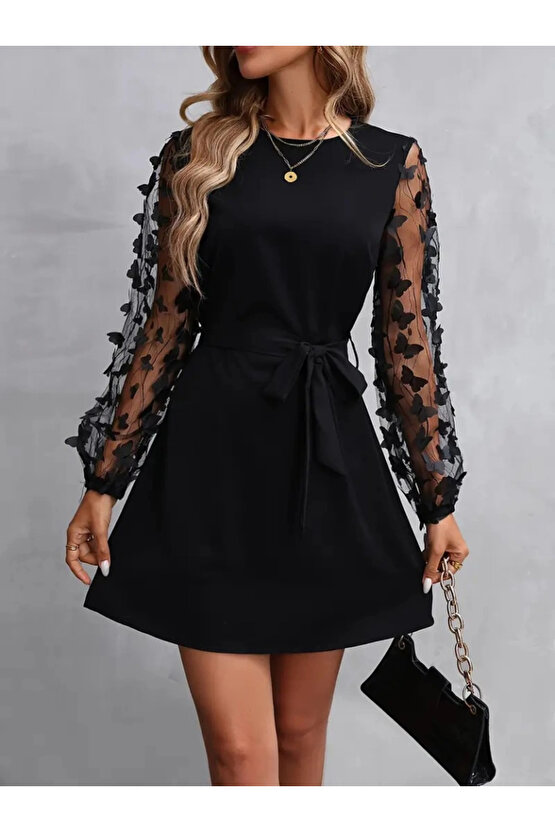 Kadın Uzun Kollu Bisiklet Yaka Kollar Tül Kelebek Detaylı Ithal Krep Elbise