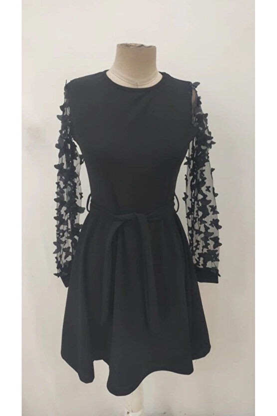 Kadın Uzun Kollu Bisiklet Yaka Kollar Tül Kelebek Detaylı Ithal Krep Elbise