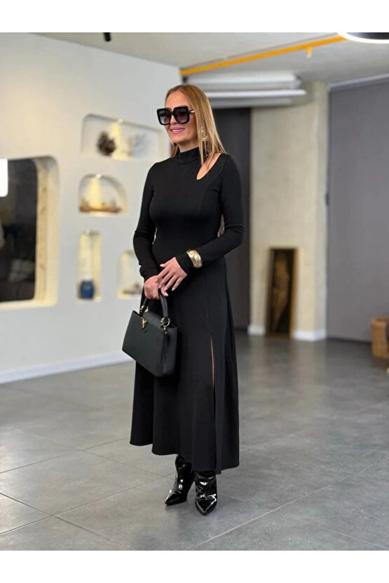 Kadın Balıkçı Yaka Damla Detaylı Yırtmaçlı Uzun Viskon Iki Iplik Maxi Elbise