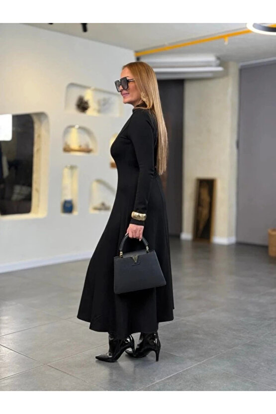 Kadın Balıkçı Yaka Damla Detaylı Yırtmaçlı Uzun Viskon Iki Iplik Maxi Elbise