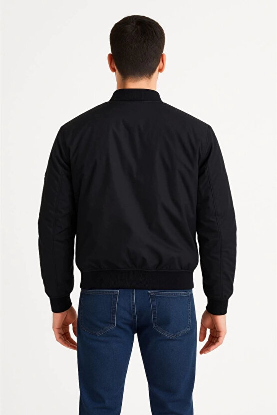 Erkek Içi Astarlı Fermuarlı Bomber Mont Ceket - Siyah
