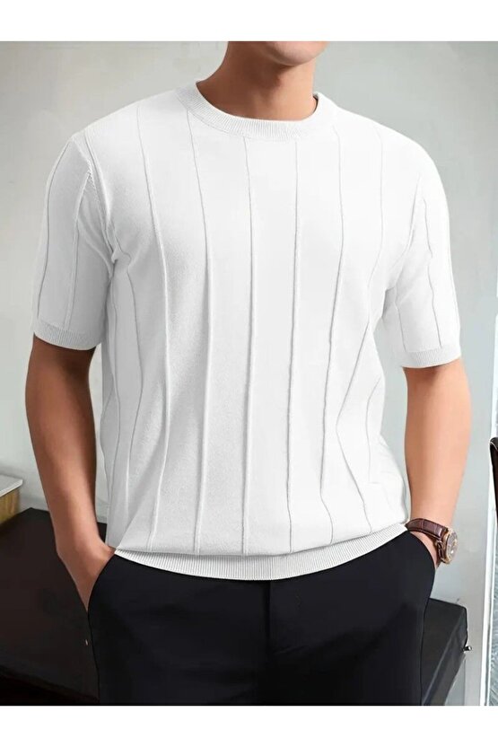 Erkek Kısa Kollu Bisiklet Yaka çizgili Triko Tshirt