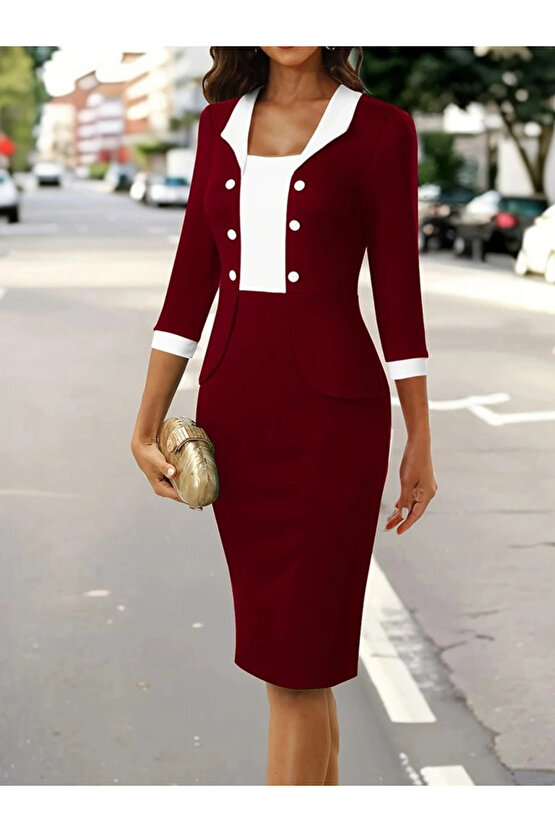 Kadın Truvakar Kol çift Renkli Düğmeli Kısa Ithal Krep Elbise