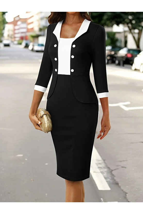 Kadın Truvakar Kol çift Renkli Düğmeli Kısa Ithal Krep Elbise