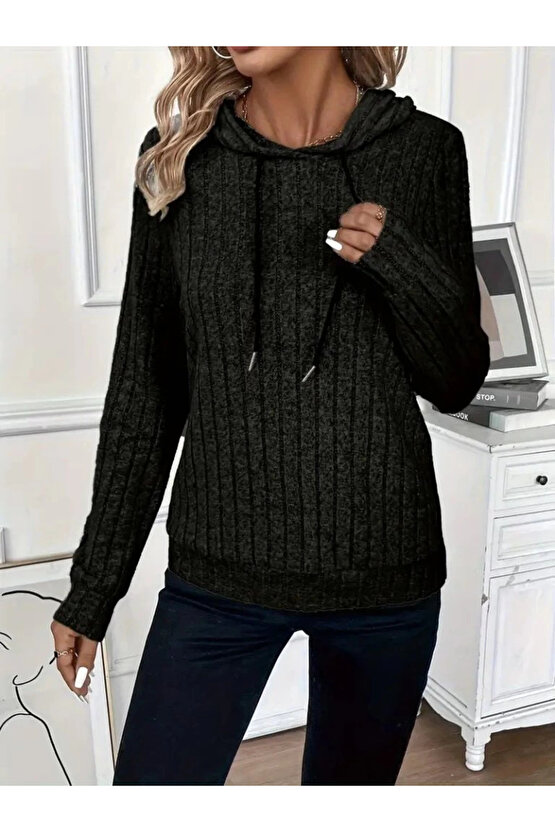 Kadın Uzun Kollu Kapşonlu Bağcıklı şardonlu Kaşkorse Bluz