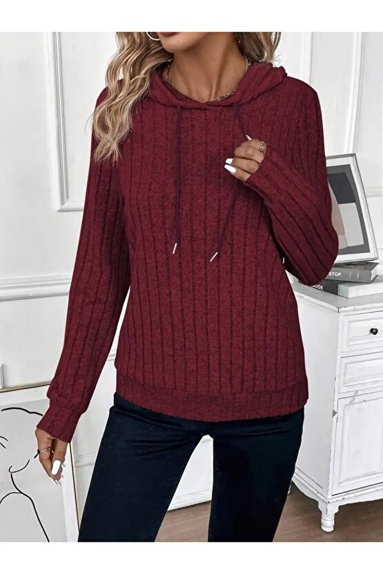 VİBE UNİCO Kadın Uzun Kollu Kapşonlu Bağcıklı şardonlu Kaşkorse Bluz