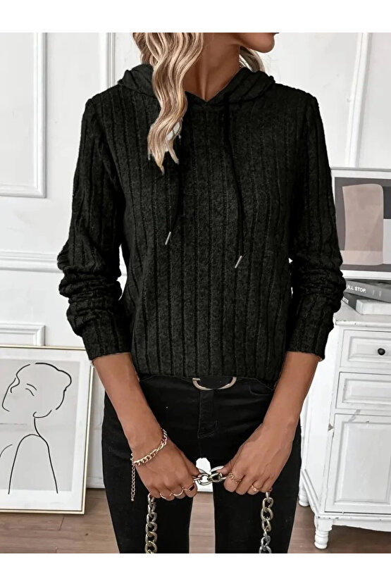 Kadın Uzun Kollu Kapşonlu Bağcıklı şardonlu Kaşkorse Bluz