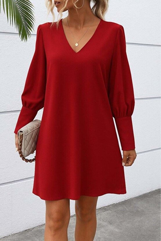 Kadın Uzun Kollu V Yakalı Kısa Ithal Krep Elbise