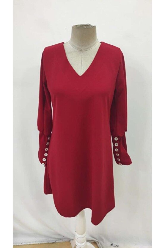 Kadın Uzun Kollu V Yakalı Kısa Ithal Krep Elbise