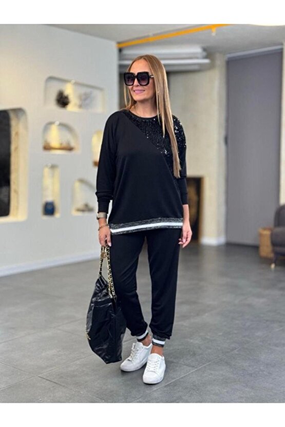 EQURİ Kadın Modal Kumaş Payetli Sim Ve Ribanalı Detay Ikili Takım