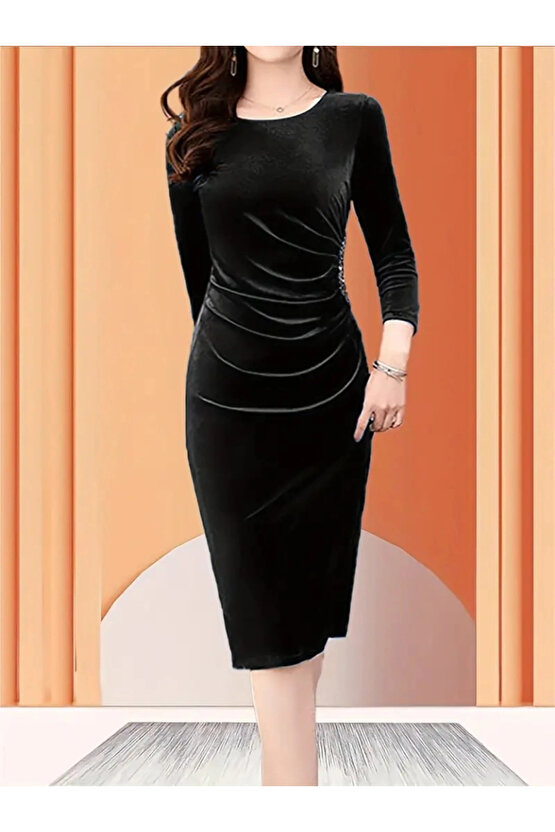 Kadın Uzun Kollu Bot Yaka Yanı Taş Detaylı Midi Kadife Elbise