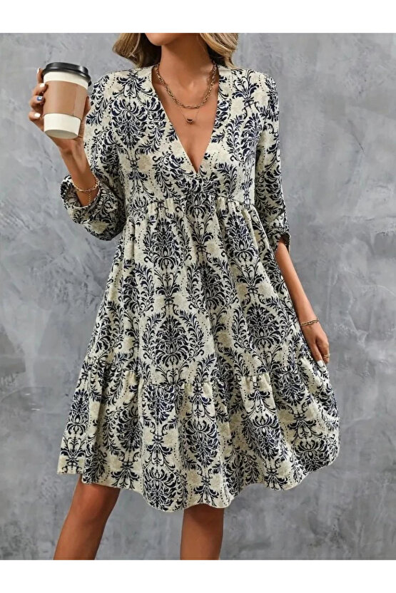 Kadın Uzun Kollu V Yakalı Fırfırlı Mini Süprem Elbise