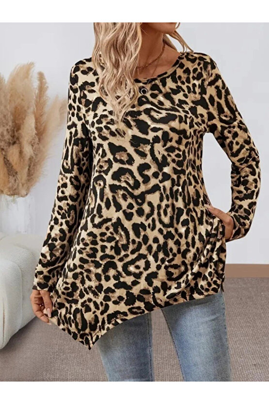 Kadın Uzun Kollu Bisiklet Yaka Leopar Desenli Süprem Bluz