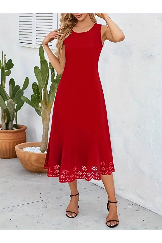 Kadın Kolsuz Etek Ucu Lazer Kesim çiçek Desenli Midi Boy Ithal Krep Elbise