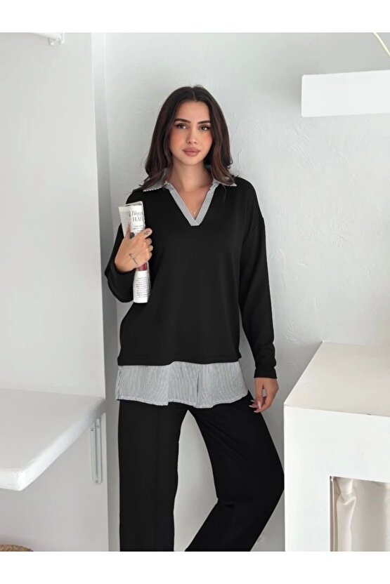 Polo Yaka Gömlekli Salaş Balon Pantolunlu ıkılı Takım