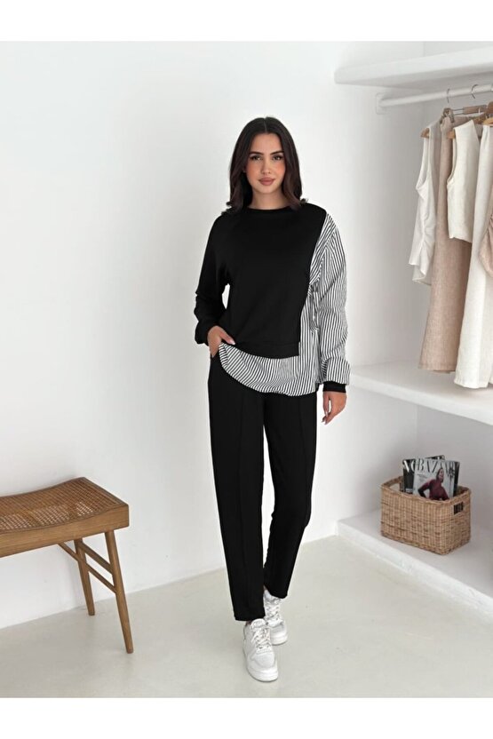 EQURİ Kadın Gömlek Detay çizgili Yandan Bağlamalı Ikili Takım