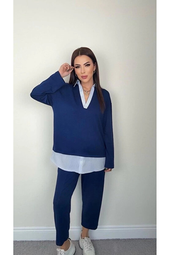Polo Yaka Gömlekli Salaş Balon Pantolunlu ıkılı Takım