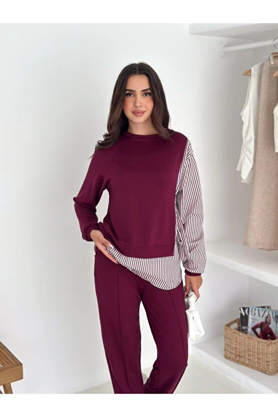 Kadın Gömlek Detay çizgili Yandan Bağlamalı Ikili Takım