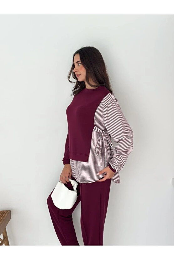 Kadın Gömlek Detay çizgili Yandan Bağlamalı Ikili Takım