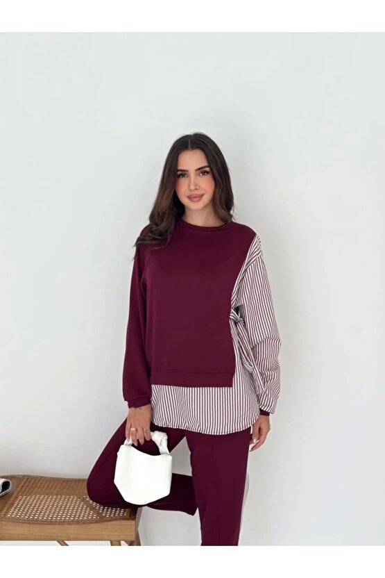 Kadın Gömlek Detay çizgili Yandan Bağlamalı Ikili Takım