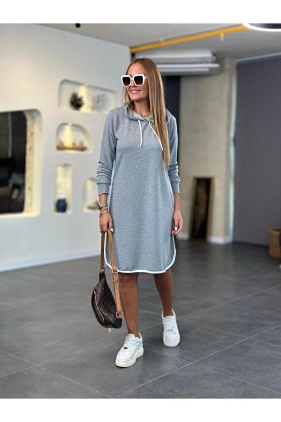 Kadın Uzun Kollu Kapüşon Ve Ribana Detay Diz üstü Elbise