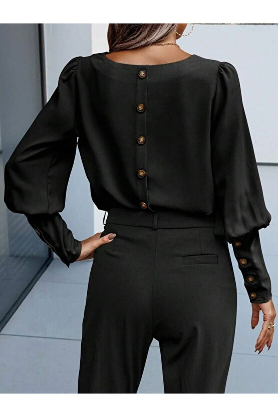 Kadın Uzun Kollu Yuvarlak Yakalı Düğmeli Ithal Krep Bluz