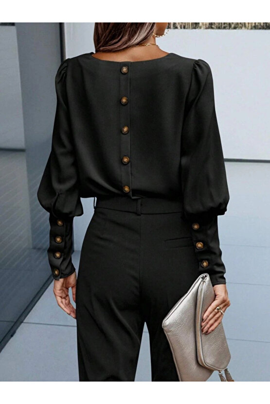 Kadın Uzun Kollu Yuvarlak Yakalı Düğmeli Ithal Krep Bluz