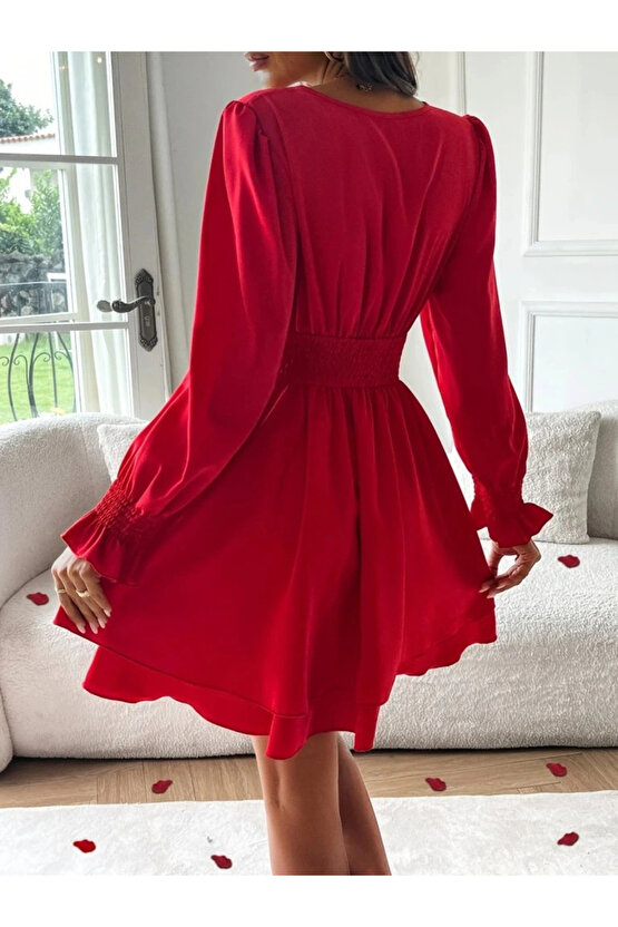 Kadın Uzun Kollu Kruvaze Yakalı Mini Sandy Elbise
