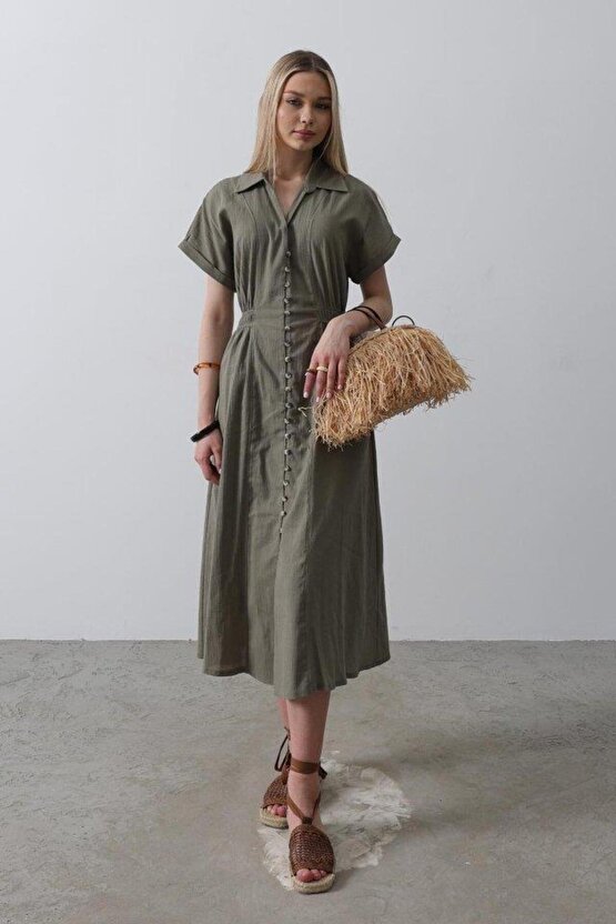 Önü Düğmeli Kısa Kol Elbise Haki