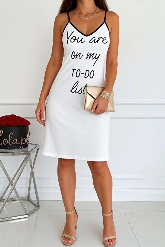 Kadın Kolsuz Askılı Sırt çapraz Detay To Do List Baskı Süprem Gecelik Elbise