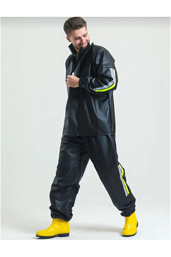 Premium Motorcu Kurye Yağmurluk Takım Su Geçirmez PVC Kumaş Reflektörlü TÜBİTAK Onaylı - Siyah