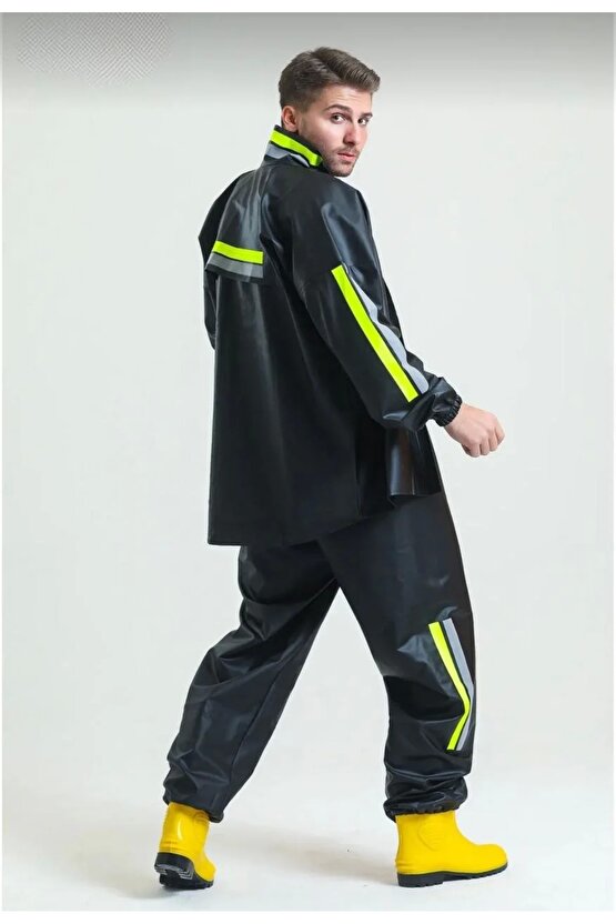 Premium Motorcu Kurye Yağmurluk Takım Su Geçirmez PVC Kumaş Reflektörlü TÜBİTAK Onaylı - Siyah