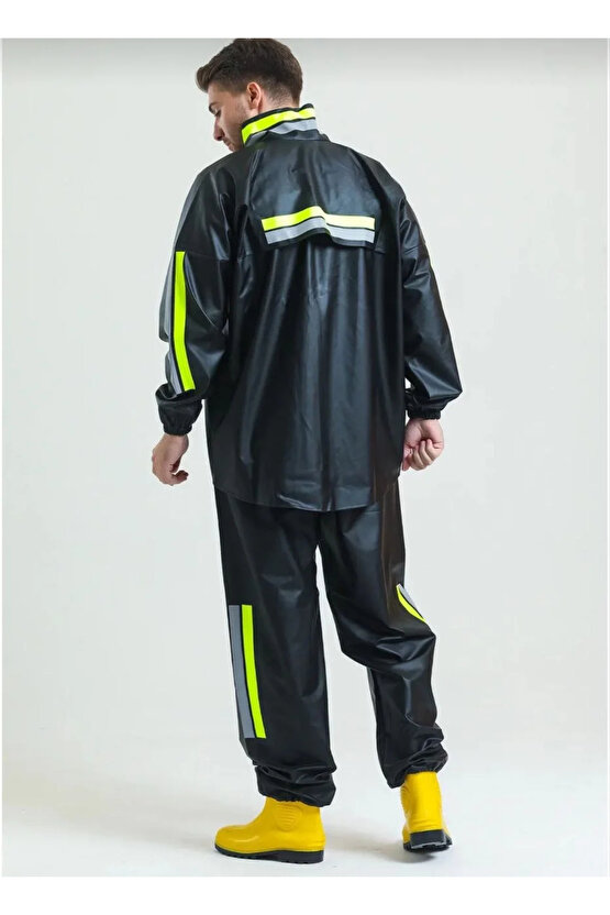 Premium Motorcu Kurye Yağmurluk Takım Su Geçirmez PVC Kumaş Reflektörlü TÜBİTAK Onaylı - Siyah