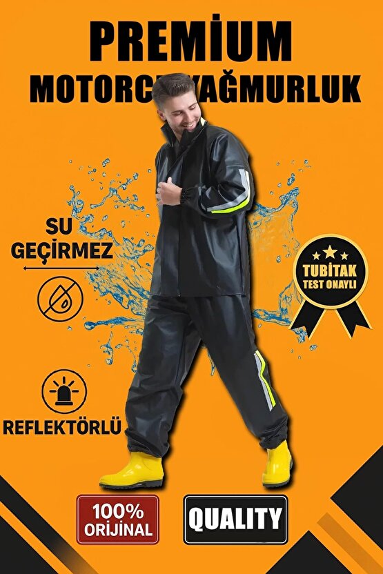 Premium Motorcu Kurye Yağmurluk Takım Su Geçirmez PVC Kumaş Reflektörlü TÜBİTAK Onaylı - Siyah