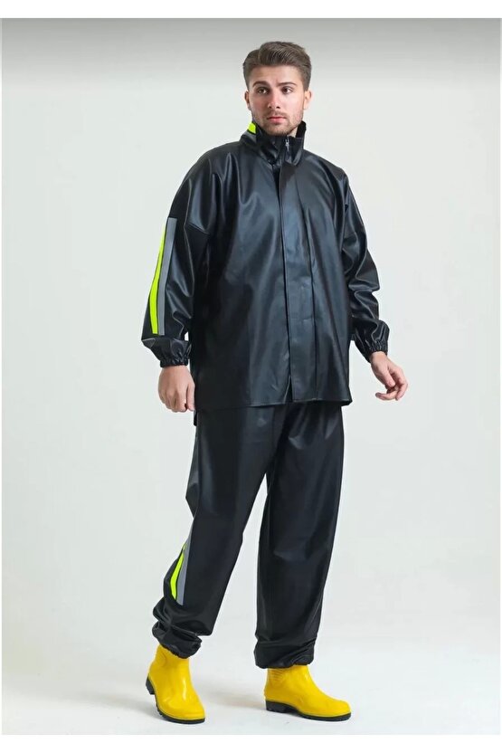 Premium Motorcu Kurye Yağmurluk Takım Su Geçirmez PVC Kumaş Reflektörlü TÜBİTAK Onaylı - Siyah