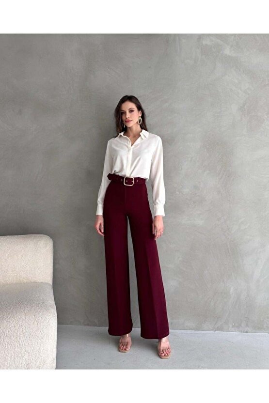 Kadın Yüksek Bel Krep Kumaş Full Likralı Ispanyol Paça Kemer Dahil Pantolon