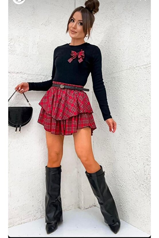 EQURİ Kadın Dijital Baskılı Dalgıç Kumaş Fıyonk Aksesuarlı Takım