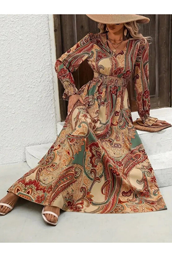 Kadın Uzun Kollu V Yakalı Beli Lastikli Desenli Süprem Elbise