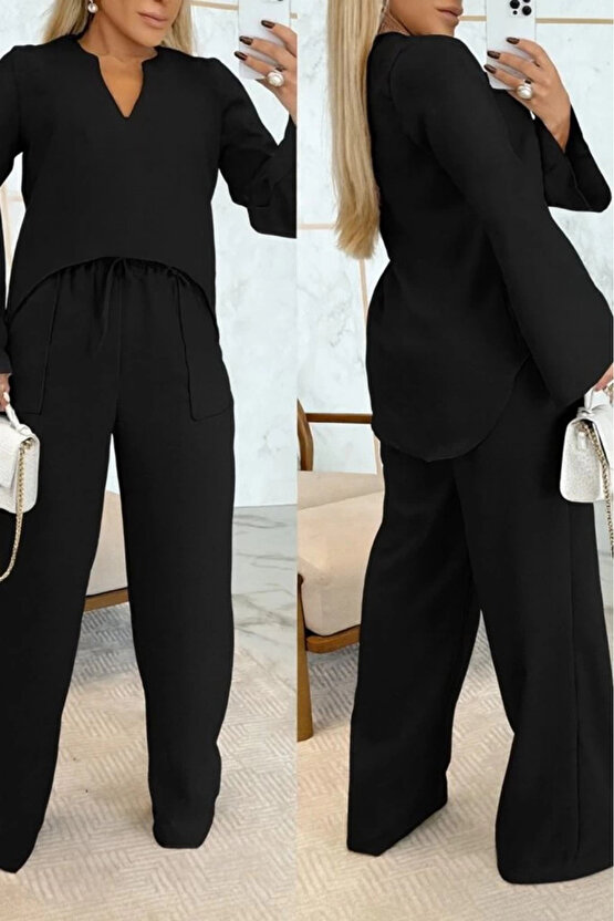 Kadın Uzun Kollu V Yakalı Keten Bluz Bağcıklı Pantolon Ikili Takım