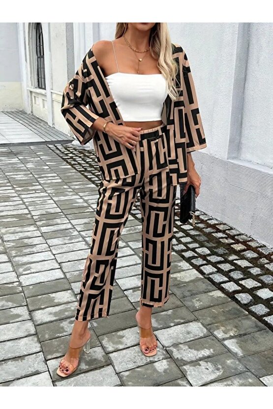 EQURİ Kadın Uzun Kollu önü Açık Desenli Iki Iplik Ceket Ve Pantolon Ikili Takım