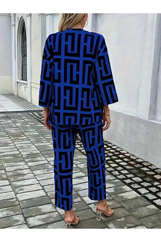 Kadın Uzun Kollu önü Açık Desenli Iki Iplik Ceket Ve Pantolon Ikili Takım