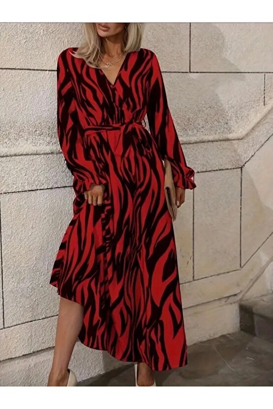 Kadın Uzun Kollu Kruvaze Yakalı Kuşaklı Zebra Desenli Süprem Maxi Elbise