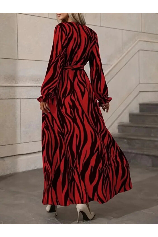 Kadın Uzun Kollu Kruvaze Yakalı Kuşaklı Zebra Desenli Süprem Maxi Elbise