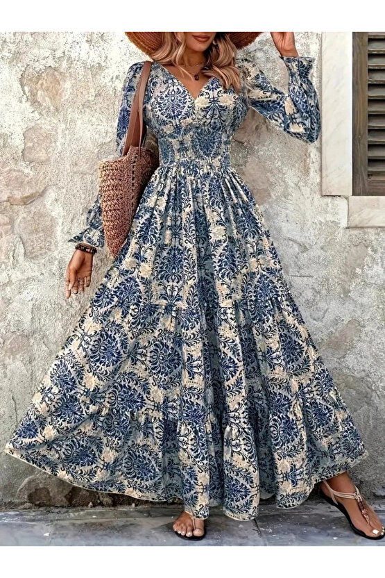 Kadın Uzun Kollu V Yakalı Desenli Süprem Elbise
