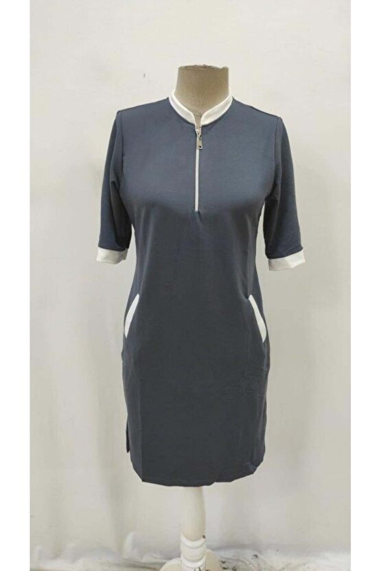 Kadın Kısa Kollu Yakadan Fermuarlı Cepli Yandan Yırtmaçlı Viskon Elbise