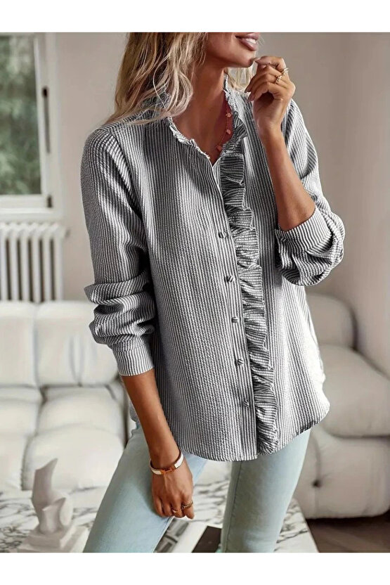 Kadın Uzun Kollu Fırfır Yakalı önden Düğmeli çizgili Burgu Gömlek